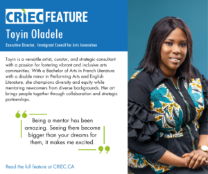 Toyin Oladele sits besider her title, a pull quote and a brief biography in an informative graphic.